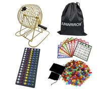 JUNWRROW Ensemble de jeu de bingo de luxe avec sac de rangement - Comprend une cage rotative dorée de 15,2 cm, 75 balles d'appel, 100 cartes mixtes, 1 000 jetons colorés, un tableau principal et un
