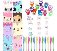 Junyaoii Gabby's Kit de petit cadeau d'anniversaire pour enfant comprenant 12 tampons pour maison de poupée, 12 stylos UV et 12 tampons de notes chat mignons pour cadeaux d'anniversaire, sacs cadeaux