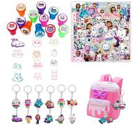 Junyaoii Gabby's Kit de petits cadeaux d'anniversaire pour enfants, comprenant 12 tampons de maison, 12 porte-clés de poupée et lot de 50 autocollants, pour anniversaire, sac cadeau, prix de classe