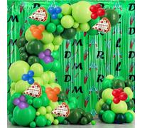 Junyaoii Kit d'arche de ballons en forme de tortue verte de 153 pièces, comprenant une arche de ballons tortues, un ballon en aluminium pizza, 2 rideaux à franges métalliques scintillantes sur le