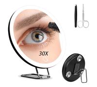 Junyaoxuan Miroir grossissant x30 avec lumière, grand miroir de maquillage grossissant de 15,2 cm avec 3 couleurs à intensité variable, support de table, 3 ventouses, noir