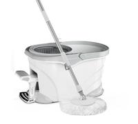 JUNYFFF Balai À Franges Et Seau Essoreur À Pédale, Balai Serpillère Rotatif À 360° avec Manche Téléscopique A 2 Tampons Microfibre, Seau Essoreur INOX À Pédale Et Balai À Franges pour Sols,Blanc