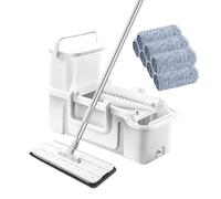 JUNYFFF Balai Microfibre Et Seau, Serpillière Plat Rotatif 360° Et Seau Auto-Lavage, Vadrouille De Mains Libre pour Nettoyage De Sol, Serpillières Réutilisables, avec 7 Tampon en Microfibre,Blanc