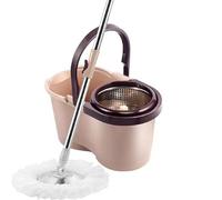 JUNYFFF Balai Serpillère Essoreur avec Seau, Rotatif À 360° Balais Nettoyer Sol, Vadrouille Rotative pour Le Nettoyage du Sol, Ensemble De 1X Vadrouille Et 1X Seau, 4X Tête De Vadrouille,Marron