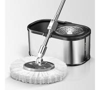 JUNYFFF Balai Serpillère Seau Essoreur, Rotative 360°, Serpillere en Microfibre pour Sol avec 134 Cm Manche Téléscopique en INOX, L'ensemble Contient 1 Vadrouille Et 1 Seau Et 6 Tampons Microfibre