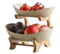 JUNYFFF Corbeille À Fruit 2 Etages Grande Panier À Fruit Bois + Céramique Convient pour Les Familles, Les Centres Commerciaux, Thanksgiving, Noël Cadeau De Vacances,Marron