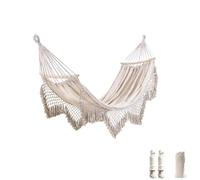 JUNYFFF Hamac De Jardin avec Franges Et Barre en Bois Anti-Basculement, Hamac Confortable Portable, 300X150cm pour Terrasse Intérieure/Extérieure Garden Beach, Charge De 300Kg