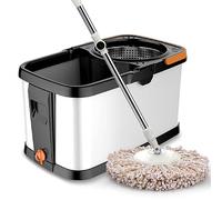 JUNYFFF Kit Balai Serpillère Et Seau Essoreur, Vadrouille Rotative pour Le Nettoyage du Sol, Ensemble De 1X Vadrouille Et 1X Seau, 2X Tête De Vadrouille, Gris
