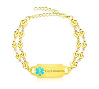 JunyiDIY Bijou De Sécurité Médicale En Acier Inoxydable, Diabète De Type 2, Bracelet D'Identité Médicale En Forme De Cœur Pour Femme, Étanche, Double Chaîne Réglable YA5200