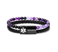 JunyiDIY Bracelet d'alerte médicale pour femme/maman, double chaîne avec agate violette et cuir synthétique, bijou d'identification d'urgence hypoallergénique