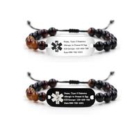 JunyiDIY Bracelet d'alerte médicale pour homme et femme, perles d'onyx noir avec plaque gravée ou code QR, bracelet d'identification d'urgence réglable, Réglable, Métal Pierre, Pas de pierre précieuse