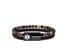 JunyiDIY Bracelet d'alerte médicale WARFARIN pour homme, double chaîne avec agate café et cuir PU, étiquette d'identification de sécurité pour utilisation d'urgence