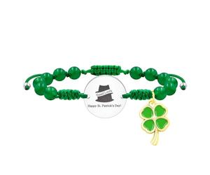 JunyiDIY Bracelet de la Saint-Patrick, Gravure Good Luck Hat Bijou en Agate Calcédoine Verte 6MM avec Pendentif Cœur & Trèfle à Quatre Feuilles pour Lui Elle Cadeau d'Amitié Irlandais