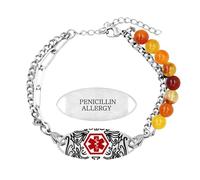 JunyiDIY Bracelet d'identification médical gravé Allergie à la Pénicilline avec Chaîne Double en Agate Orange - Bracelet d'urgence ajustable en Acier Inoxydable pour Femmes YA6111