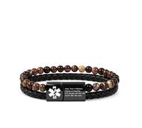 JunyiDIY Bracelet d'identification médicale personnalisé pour grand-père, double chaîne avec agate café et cuir PU, informations personnalisées pour la gestion des maladies chroniques