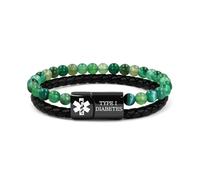 JunyiDIY Bracelet d'identification médicale pour diabète de type 1, double chaîne avec agate verte et cuir PU, alerte médicale critique pour les situations d'urgence