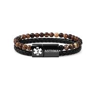 JunyiDIY Bracelet d'identification médicale pour homme et femme, double chaîne avec agate café et cuir PU, étiquette d'identification d'urgence pour une identification rapide.