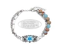 JunyiDIY Bracelet ID médical femmes étiquette urgence gravée perles pierre Shoushan design double chaîne XARELTO WARFARIN allergies médicaments maladies chroniques