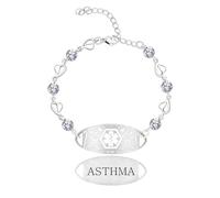 JunyiDIY Bracelet médical asthme avec chaîne cœur & zircon blanc, réglable, bijou d’urgence pour femmes & anniversaire