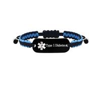 JunyiDIY Bracelet Médical Imperméable T1D, Corde Bleu Noir Gravée au Laser - Identification Diabète Type 1 pour Fils, Pères, Urgences Médicales YS5833