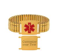 JunyiDIY Bracelet Médical Large Élastique Réglable avec Symbole Rouge Gravure Gratuite Acier Inoxydable Bijou ID Urgence pour Femmes Hommes (Doré)