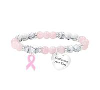 JunyiDIY Bracelet Ruban Rose personnalisable - 8 mm quartz rose & turquoise blanche, cœur - Cadeau plein d’espoir pour survivante