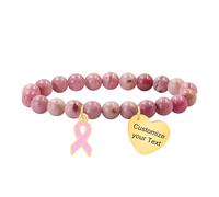 JunyiDIY Bracelet Ruban Rose personnalisé - perles bois rouge & pendentif cœur - Cadeau inspirant pour survivantes & battantes