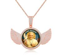 JunyiDIY chaîne en or rose avec ailes d'ange du pape François, médaillon rond scintillant pour sœur et frère, symbole spirituel de Pâques, YA5953
