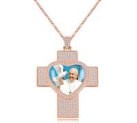 JunyiDIY collier avec photo pape François, cœur & croix sertis de zircons cubiques, bijou sacré homme, grand pendentif, cadeau paix & amour YA5957