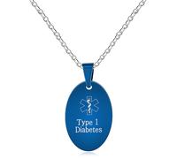 JunyiDIY Collier de diabète de type 1 pour homme - Pendentif ovale bleu en acier inoxydable - Bijoux d'urgence avec symbole médical SOS pour mari et papa