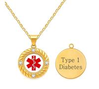 JunyiDIY Collier d'identification d'urgence pour diabète type 1, pendentif ovale avec icône rouge et 4 zircones, chaîne dorée hypoallergénique pour mari et femme - YA5220