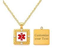 JunyiDIY Collier d'identification médicale personnalisé avec gravure au dos et signe rouge, pendentif carré en acier inoxydable doré, bijoux étanches pour Noël et Thanksgiving YA5219