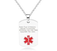 JunyiDIY Collier d'identification médicale personnalisé, pendentif de santé gravé avec nom, contact et état, bijoux d'urgence en acier inoxydable pour les patients âgés, les voyageurs