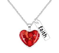 JunyiDIY Collier FAITH Graine de Moutarde Protecteur Rouge pour Femme, Pendentif Cœur Corail Rouge, Cadeau Noël, Baptême, Grand-mère, Fille, Inspiré de la Bible