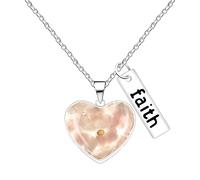 JunyiDIY Collier FAITH Graine de Moutarde Rose pour Femme, Pendentif Cœur Quartz Rose, Bijou Chrétien, Cadeau pour Maman, Épouse, Communion, Prière