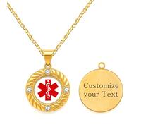 JunyiDIY Collier médical personnalisé avec signe d'urgence rouge, pendentif rond doré étanche et 4 CZ - bijou d'anniversaire pour maman, papa et meilleur ami - YA5220