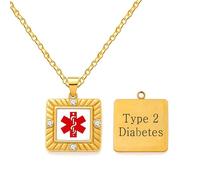 JunyiDIY Collier médical pour diabète type 2 avec icône rouge, pendentif carré en acier inoxydable étanche avec zircone, cadeau pour fille, fils, frère ou sœur - YA5219