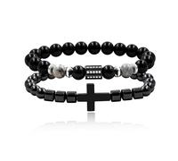 JunyiDIY Ensemble de 2 Bracelets de Foi pour Hommes, Bracelet Hématite avec Croix & Bracelet d'Amour en Obsidienne Noire, Bijoux Chrétien de Prière pour Saint-Valentin YS5499