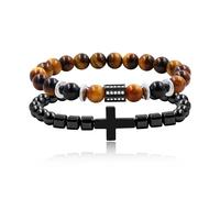 JunyiDIY Ensemble de bracelets en agate noire et œil de tigre pour homme, bijoux naturels de protection bonne chance pour papa, fête des pères, cadeau de Thanksgiving YS5499