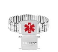 JunyiDIY Épilepsie Bracelet Médical ID Large Élastique Gravure Gratuite Imperméable Hypoallergénique avec Symbole Rouge Visible Bijou Alerte pour Voyageurs Amis