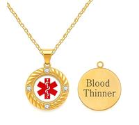 JunyiDIY Pendentif médical SOS pour anticoagulants, collier rond en acier inoxydable doré avec symbole rouge et zircone cubique - cadeau Saint-Valentin pour grands-parents - YA5220