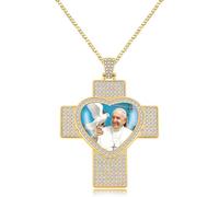 JunyiDIY pendentif photo pape François en or, collier style rappeur avec croix cœur, cadeau anniversaire couple, mémorial religieux chrétien YA5957