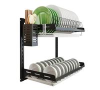 junyuan Égouttoir Mural pour Vaisselle, Support de Rangement Suspendu au-Dessus de l’évier, 2 Niveaux, Porte-Bols avec bac d’égouttage, Support à Couverts, en Acier Inoxydable, revêtement Noir