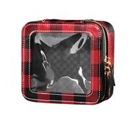 junzan Jolie trousse de maquillage de voyage transparente à carreaux rouges et noirs, trousse de toilette de voyage pour femme, motif écossais rouge et noir, 13 x 5,6 x 11,9 cm, coloré, Plaid rouge et