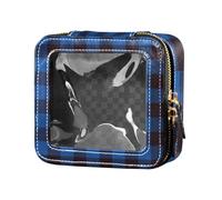 junzan Petite trousse de maquillage transparente à carreaux pour sac à main, trousse de toilette en cuir, trousse de maquillage organisateur pour voyage, bleu noir, 13 x 5,6 x 11,9 cm, coloré,
