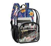 JUNZAN Sac à dos transparent avec fleurs bleu roi pour filles et femmes, sac à dos transparent de 40 cm pour l'école