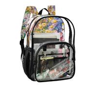 JUNZAN Sac à dos transparent avec fleurs de printemps colorées pour filles et femmes, sac à dos transparent de 40 cm pour l'école
