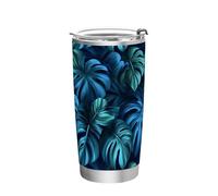 JUNZAN Tropical Monstera - Gobelets à café bleu sarcelle avec couvercle et paille - 325 ml - Gobelet isotherme en acier inoxydable - Tasse de voyage de voyage