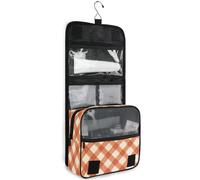 junzan Trousse de toilette à suspendre pour homme et femme - Motif vichy orange brûlé - Trousse de maquillage de voyage avec crochet - Organisateur de maquillage familial, Orange brûlé_3, 18.5"(Unfold