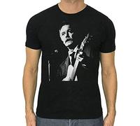 JUNZI Men's Georges Brassens T-Shirt Chanteur Francais Cotton Black Guitare - L